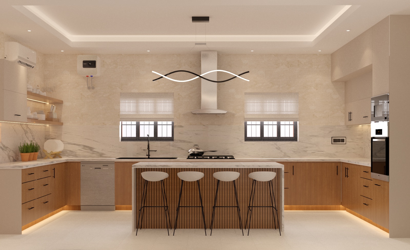 Kitchen island with bar stools under a sculptural extractor, timber cabinetry and a stone splashback