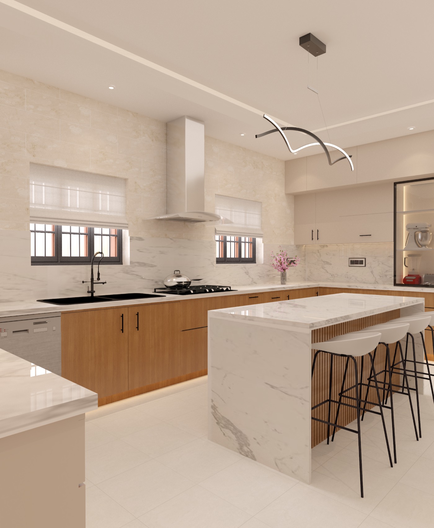 Stone island with black bar stools, timber wall units and a run of pale cabinetry