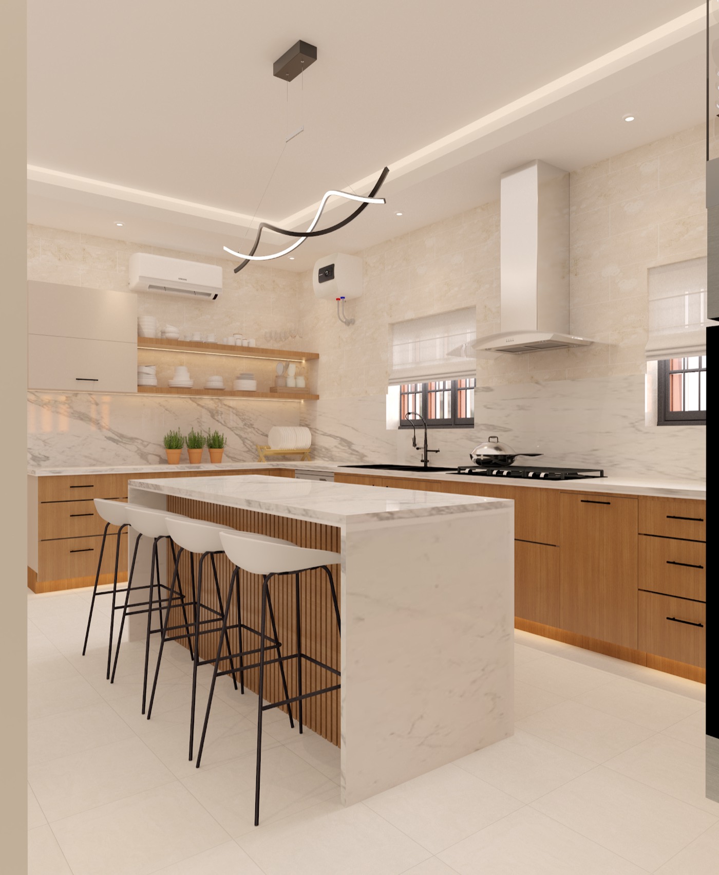 The island from the dining side, open timber shelving and the cooktop behind