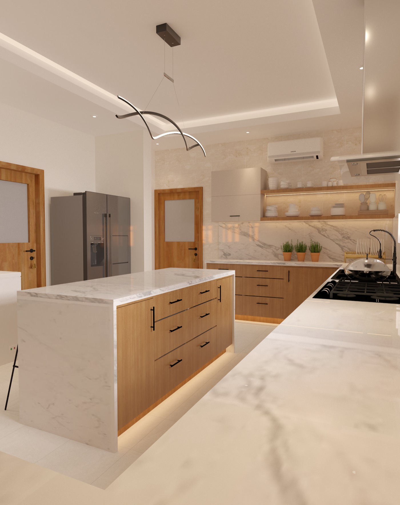 Looking down the kitchen to the tall fridge housing, marble floor running the length of the room