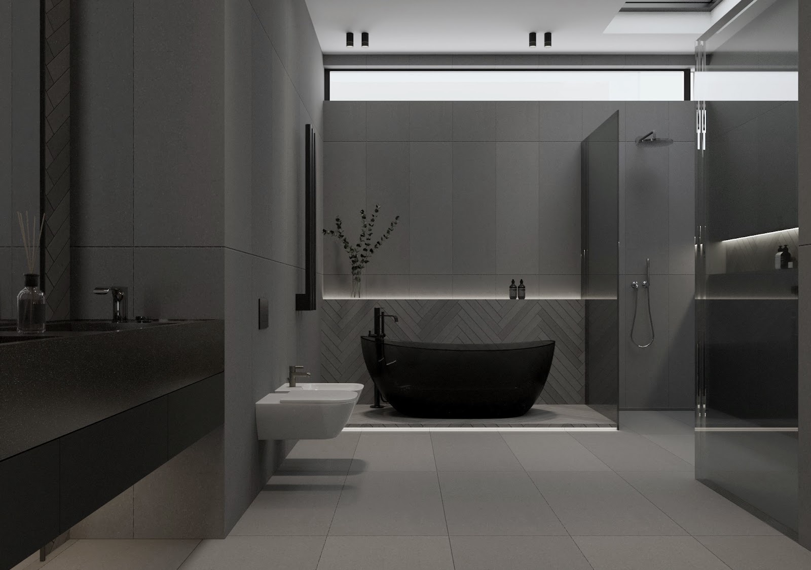 Charcoal bathroom with a black freestanding tub set between glazed shower enclosures