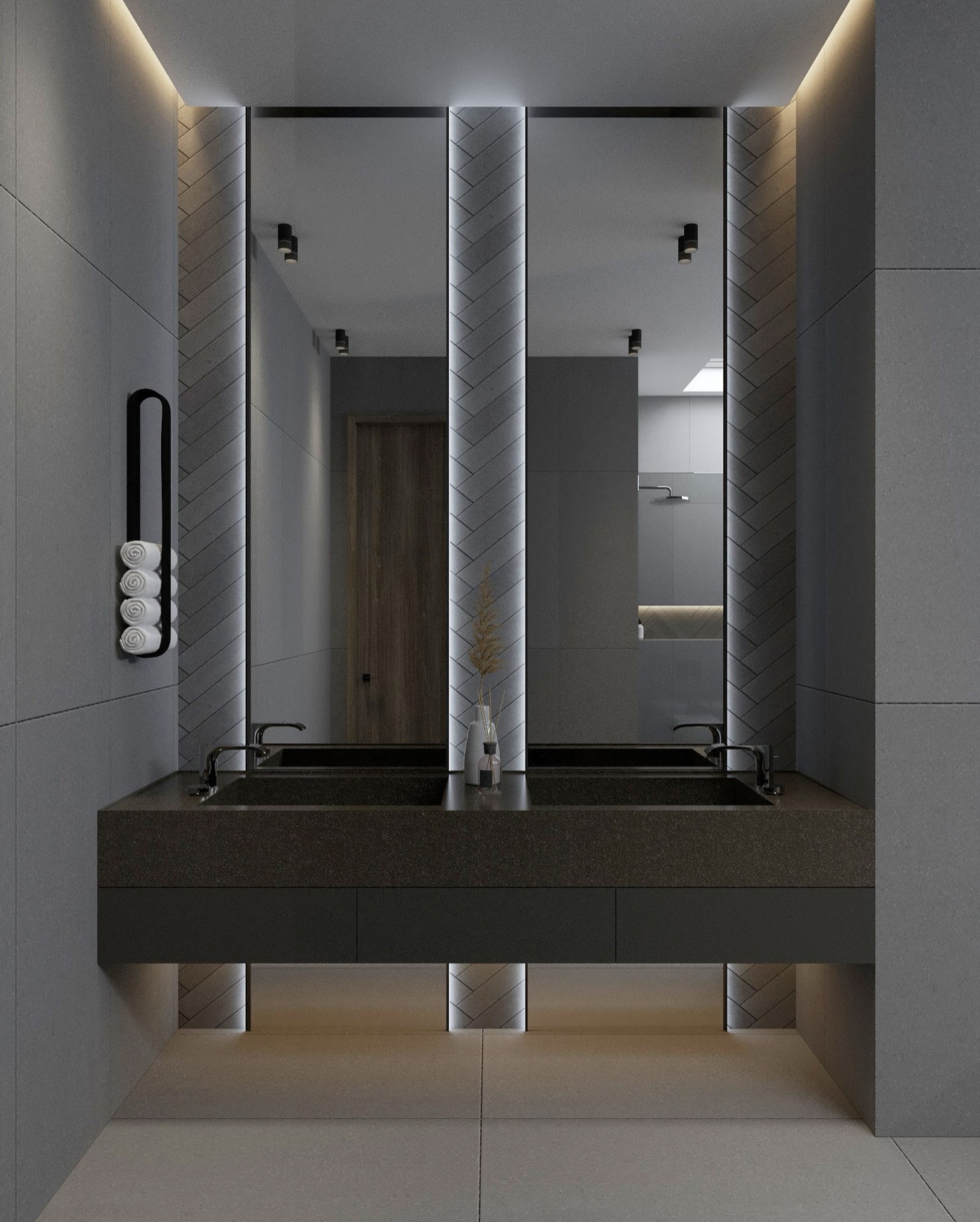 Walk-in shower behind full-height glass, charcoal tiling to either side