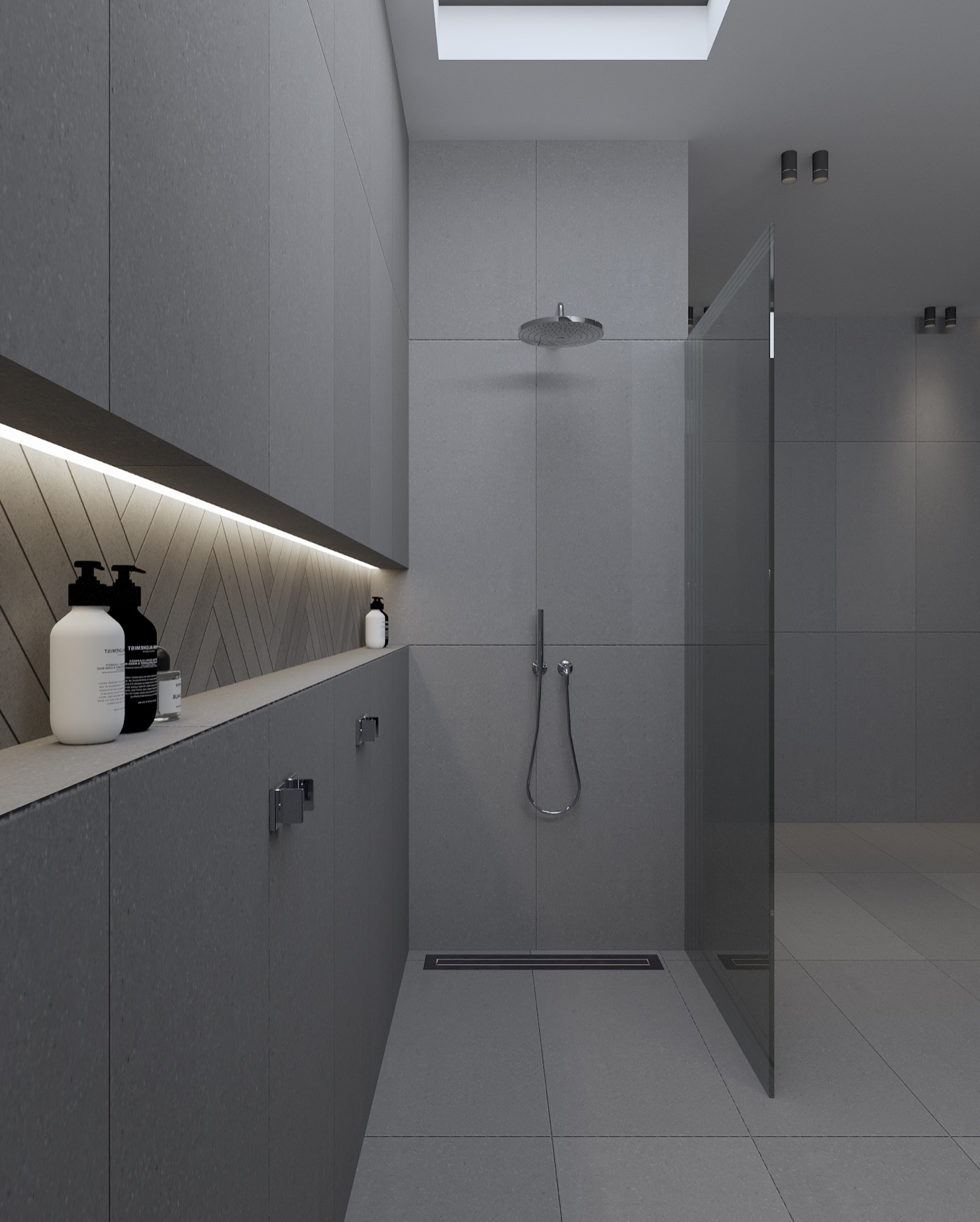 Pale shower corridor with recessed niche shelving