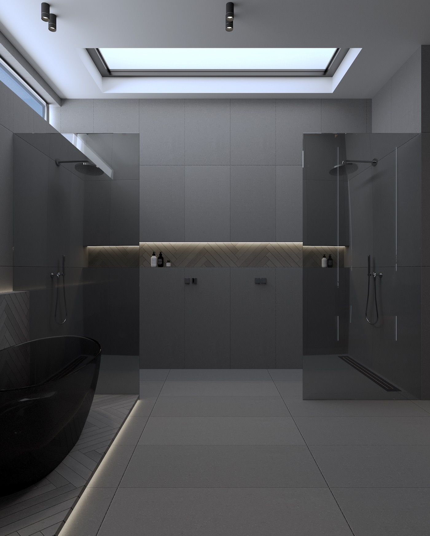 Skylit bathroom in charcoal with a black tub and brass fittings