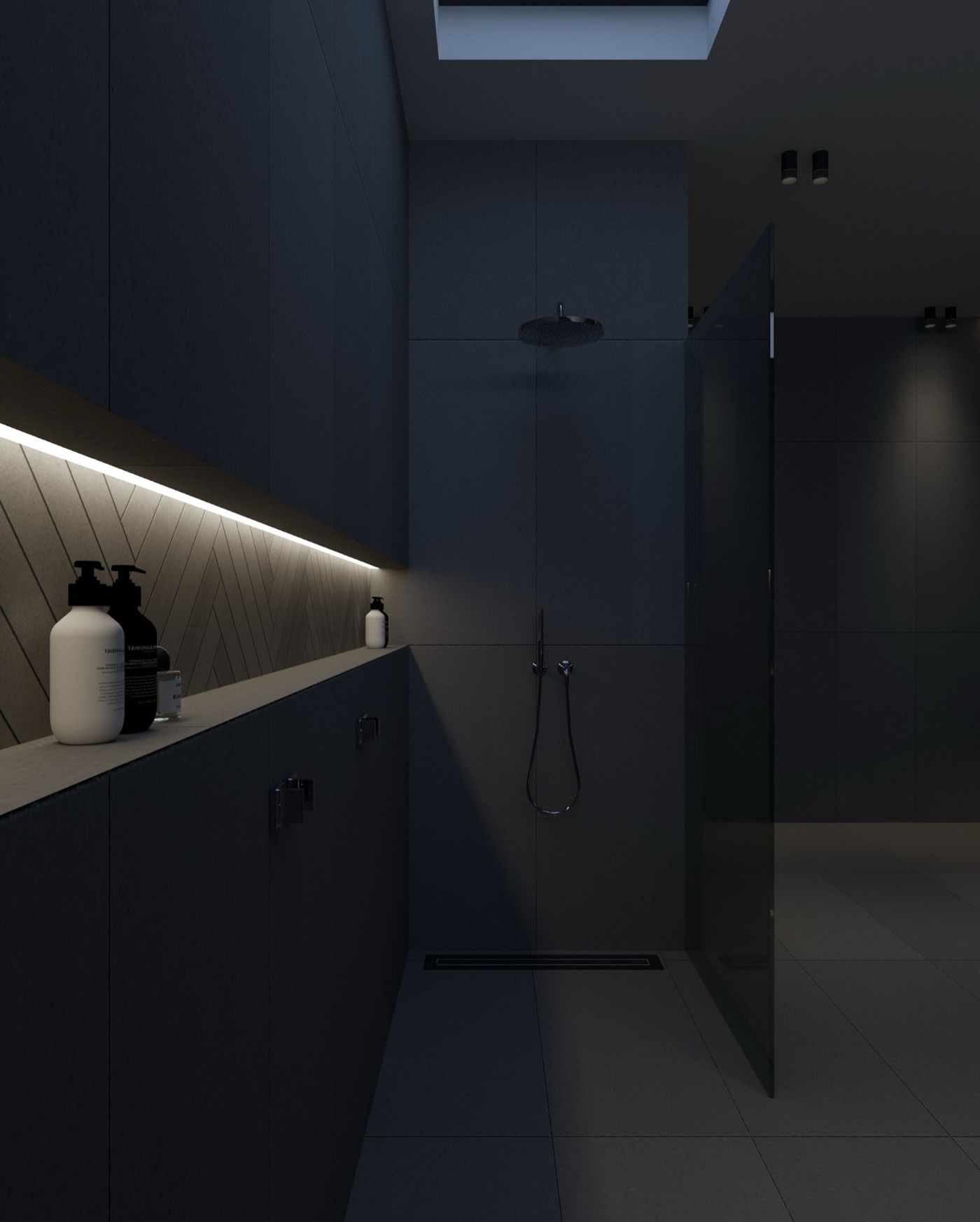 Backlit niche shelving down the dark corridor to the shower
