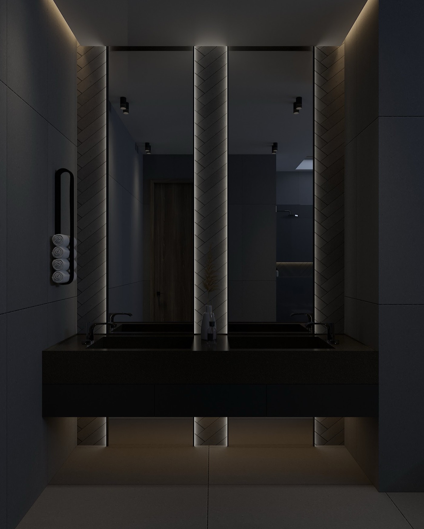 Shower enclosure lit from above, glass doors against dark stone
