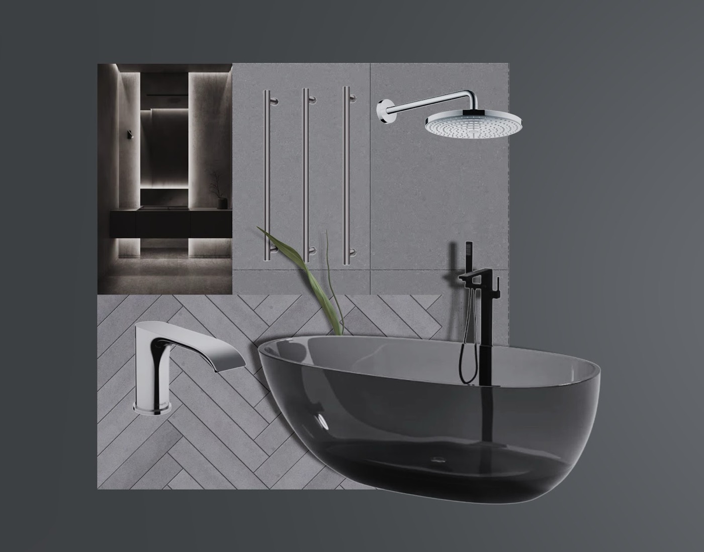 Stone freestanding bath on herringbone flooring, rain shower and tall cabinetry alongside
