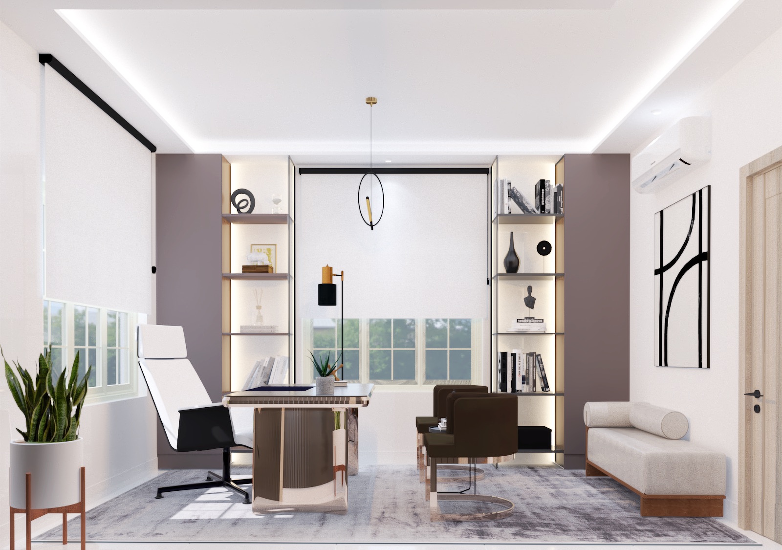 Home office with a desk between built-in shelving, lounge seating and glass-block glazing