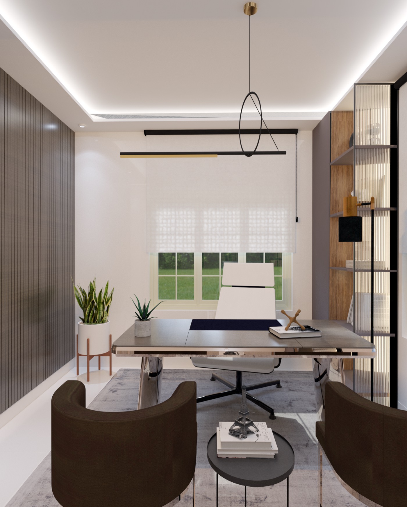 Desk looking out through full-height glazing to the open living and dining room