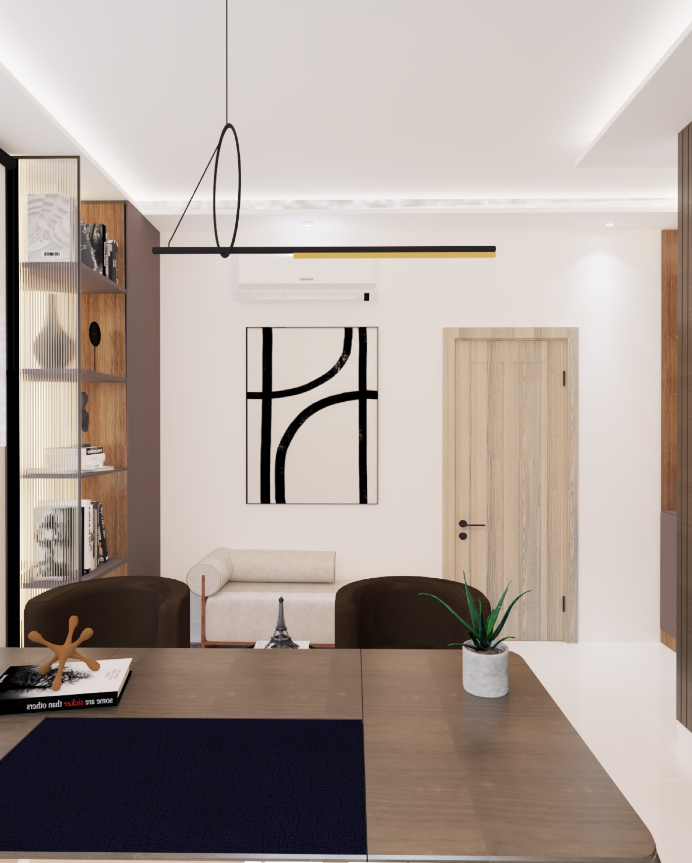 Navy desk against a black-framed partition, task chair and shelving alongside