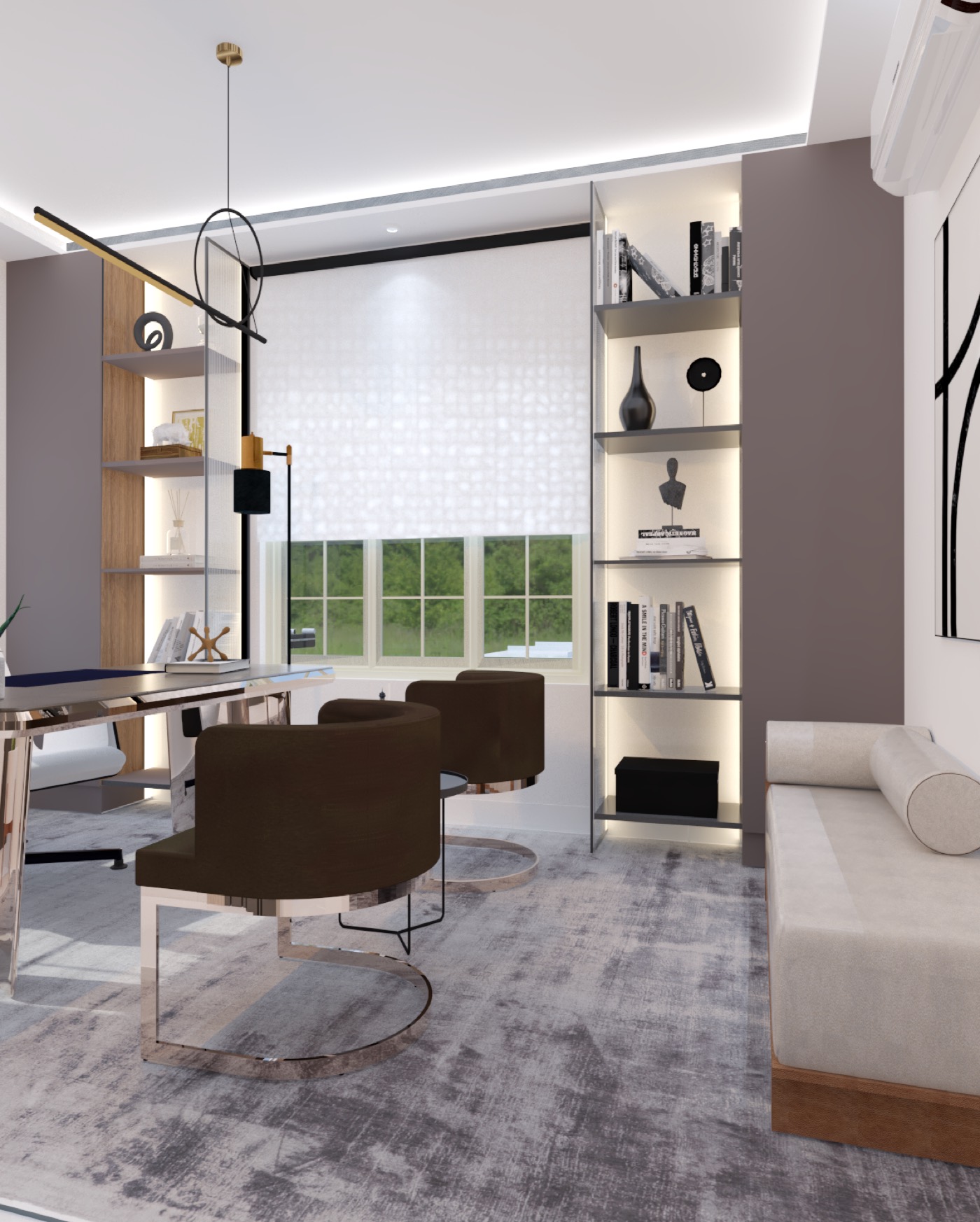 Desk and lounge seating sharing the room, patterned floor underfoot