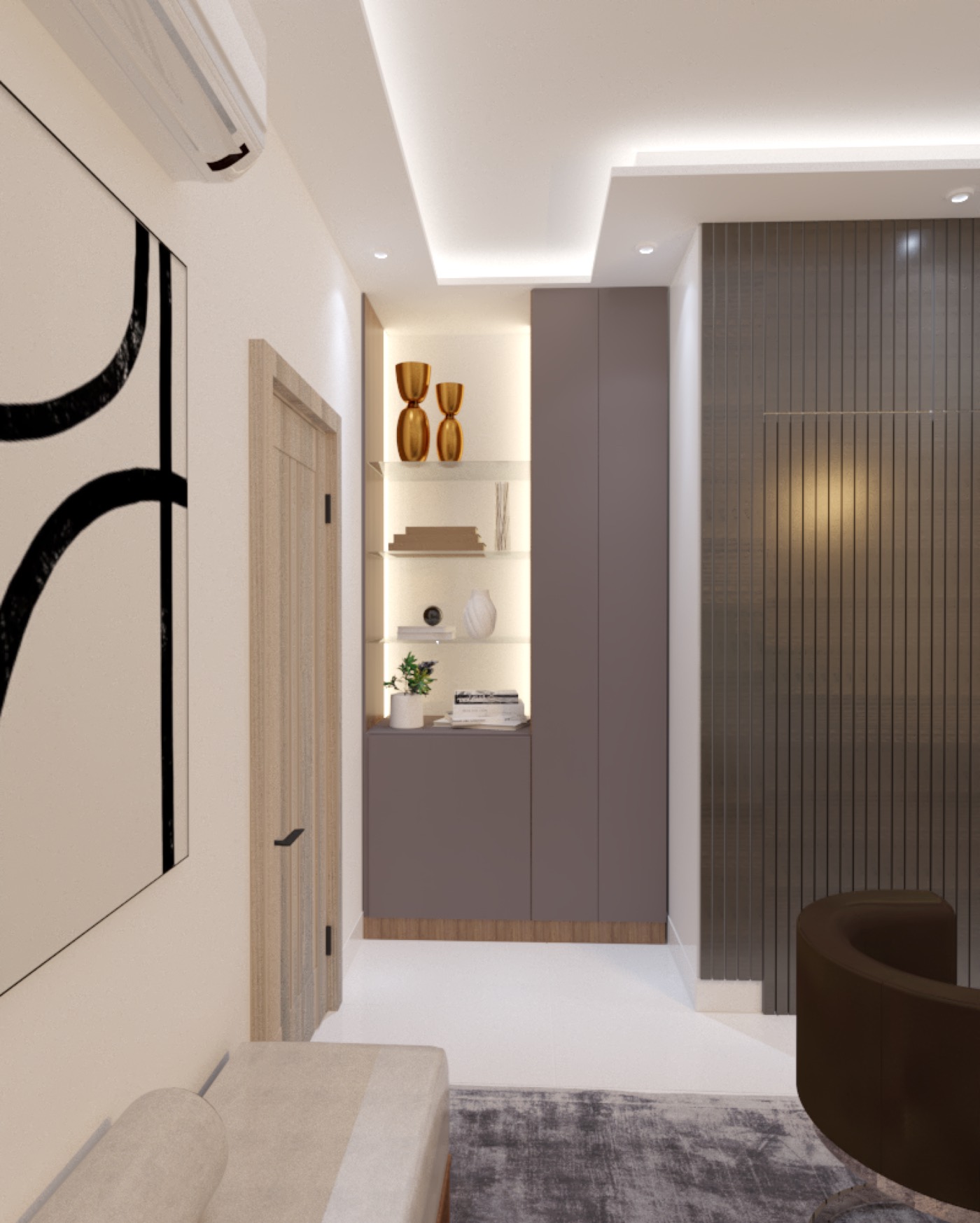 Corridor lined with fluted timber panelling and framed artwork