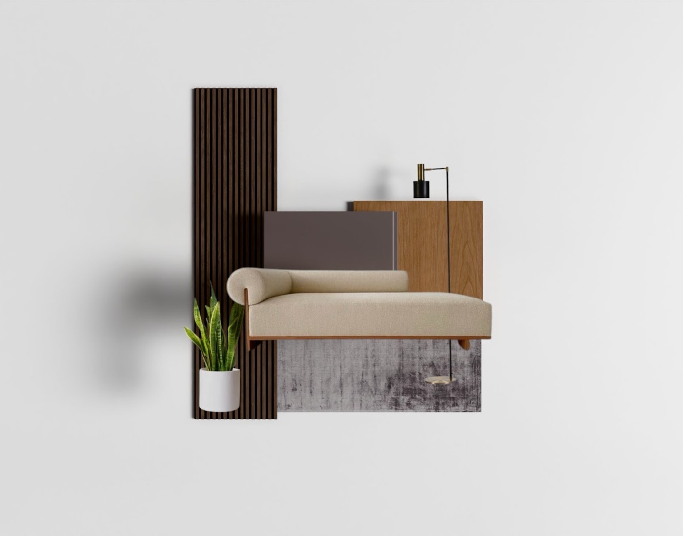 Slatted timber panel behind a bench and a single planter
