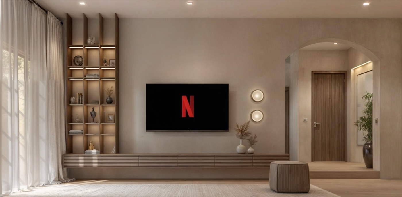 Television set into a stone-clad wall, sheer curtains and a lit timber niche alongside