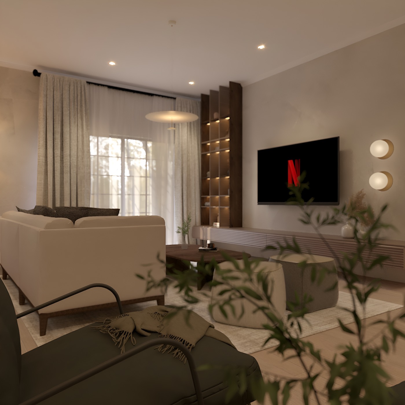 Linen sofa with trailing planting, the television wall beyond