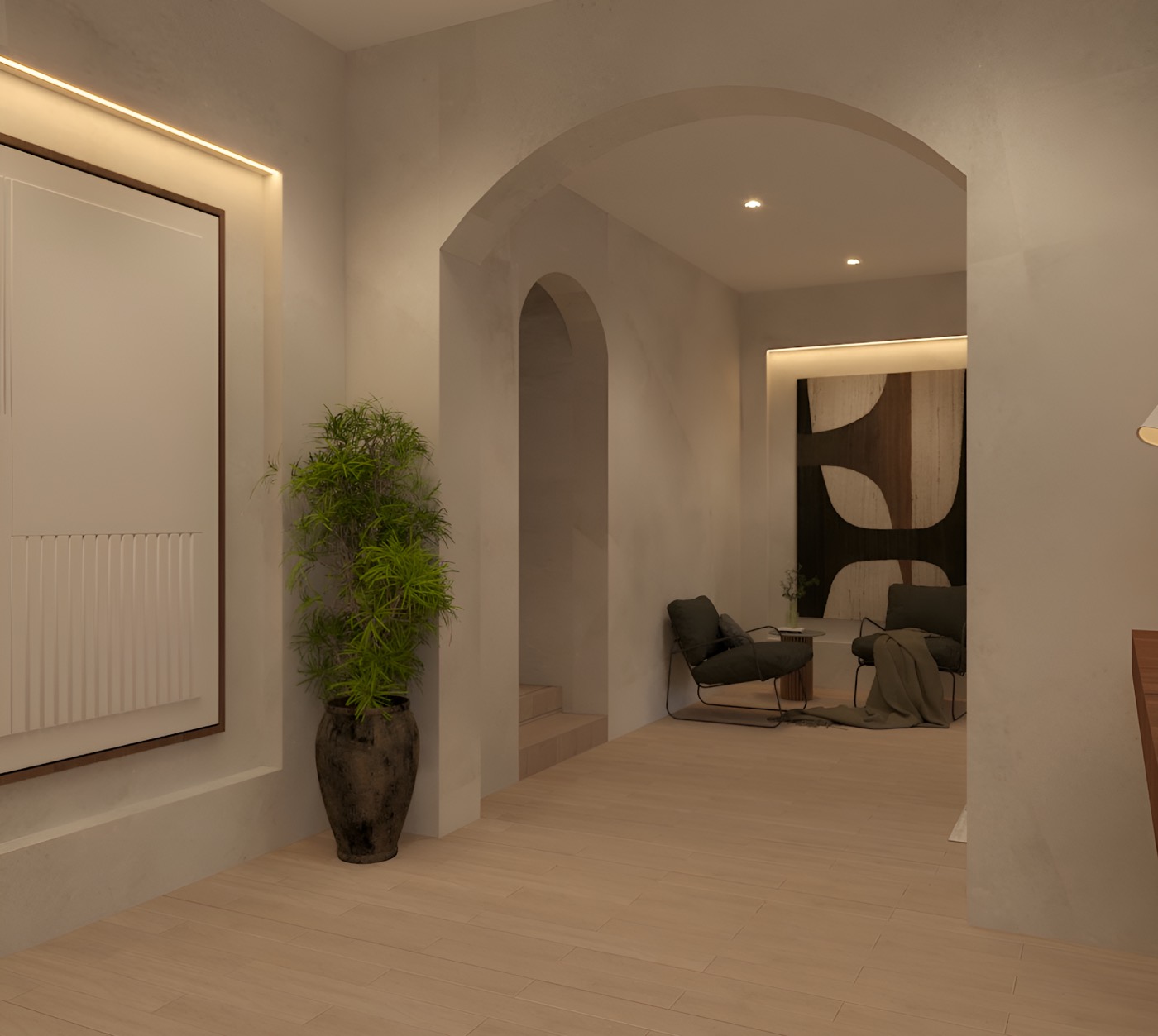 Arched hallway with a tall plant against a backlit wall panel
