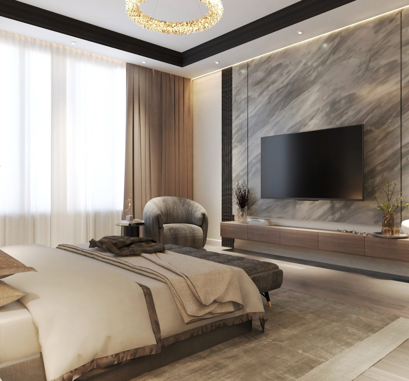 Bed against a marble-clad wall with a wall-mounted television and cove lighting