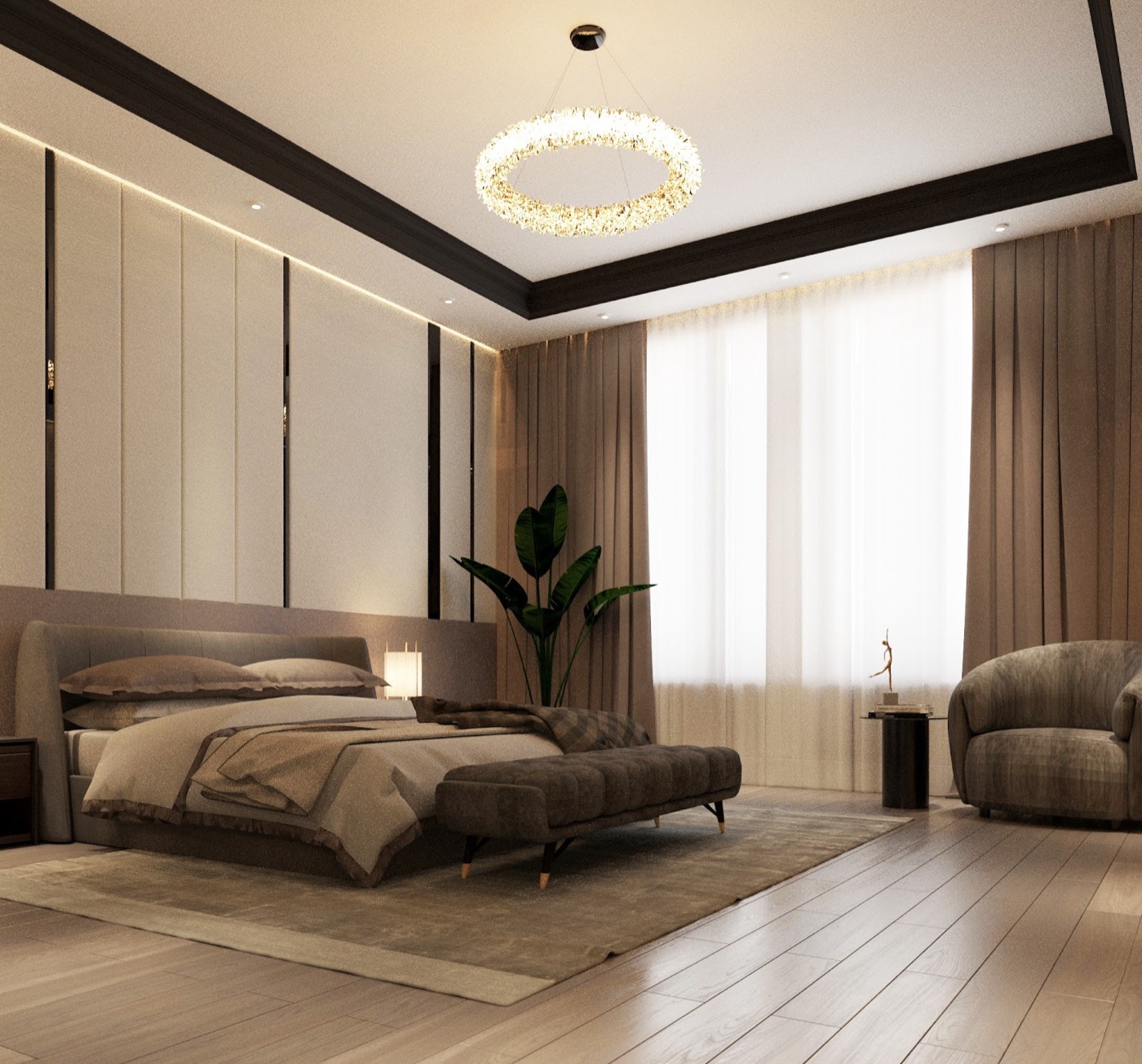 The bedroom from the window side, a circular pendant hung over the bed