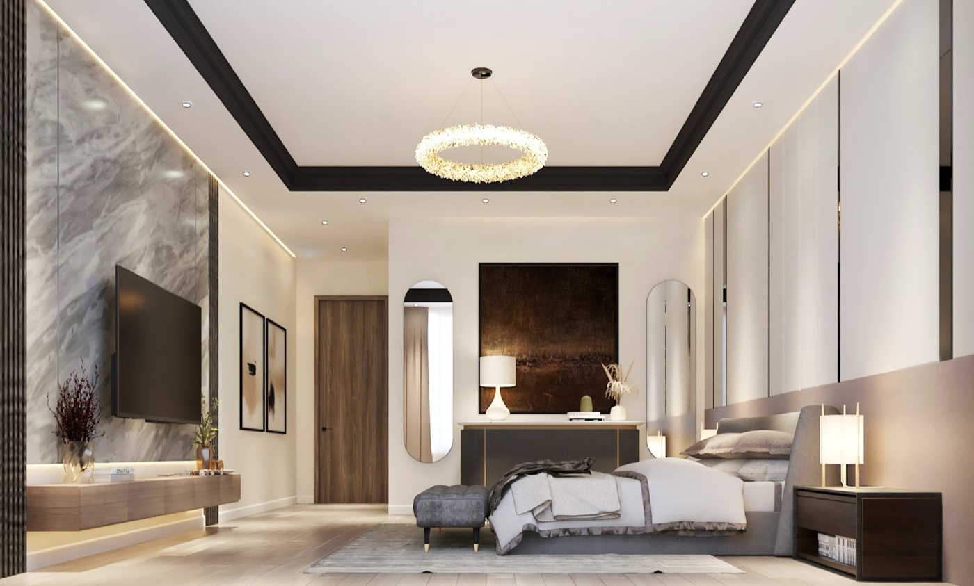 Wide view of a bedroom, coffered ceiling above and a marble feature wall behind the bed