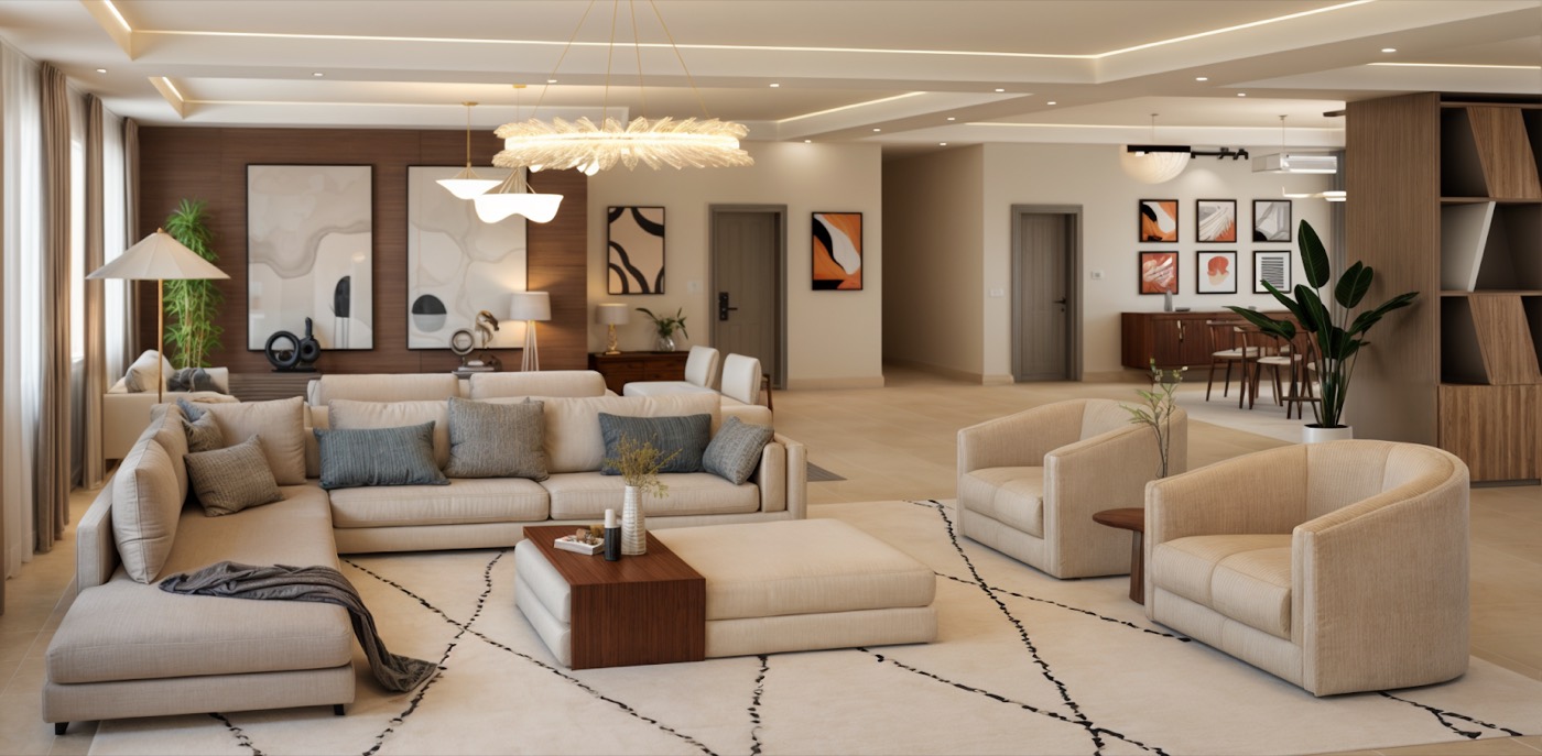 Two sofas facing each other across a patterned rug in an open living room