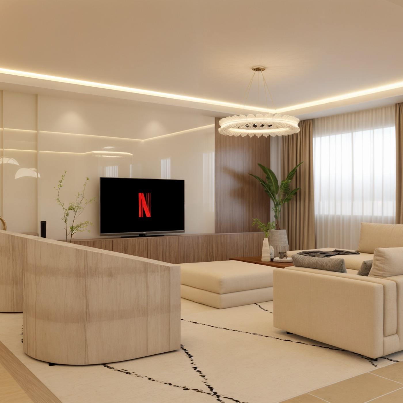 Television wall in warm plaster, with a sofa and planting in front