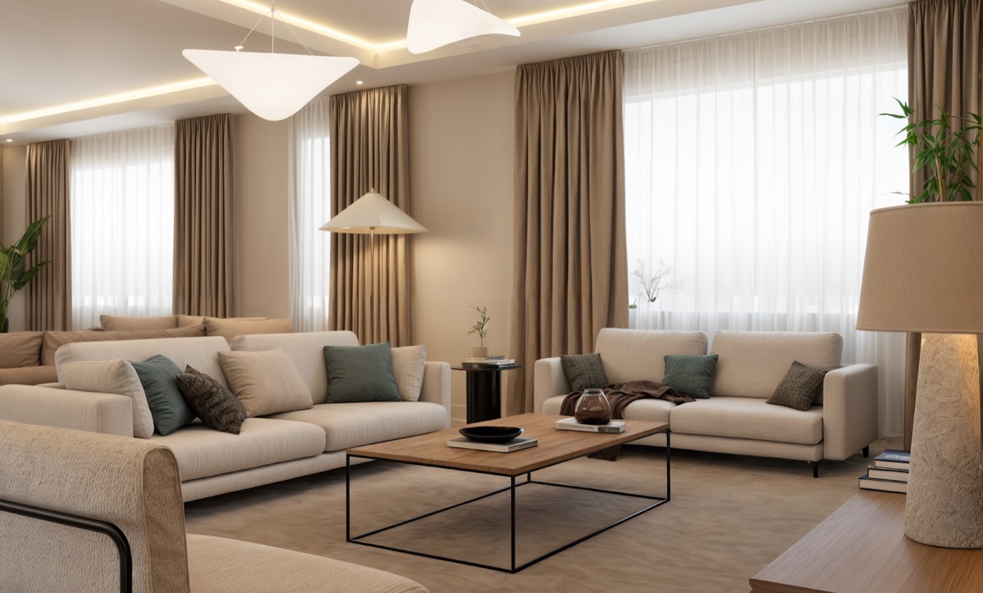 Sofas gathered around a low glass coffee table, curtains along the window wall