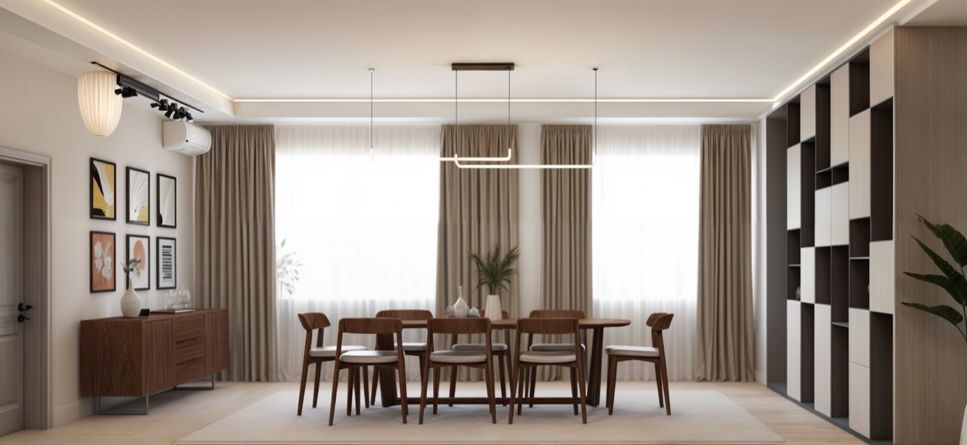 Dining table framed by a black-and-white patterned wall