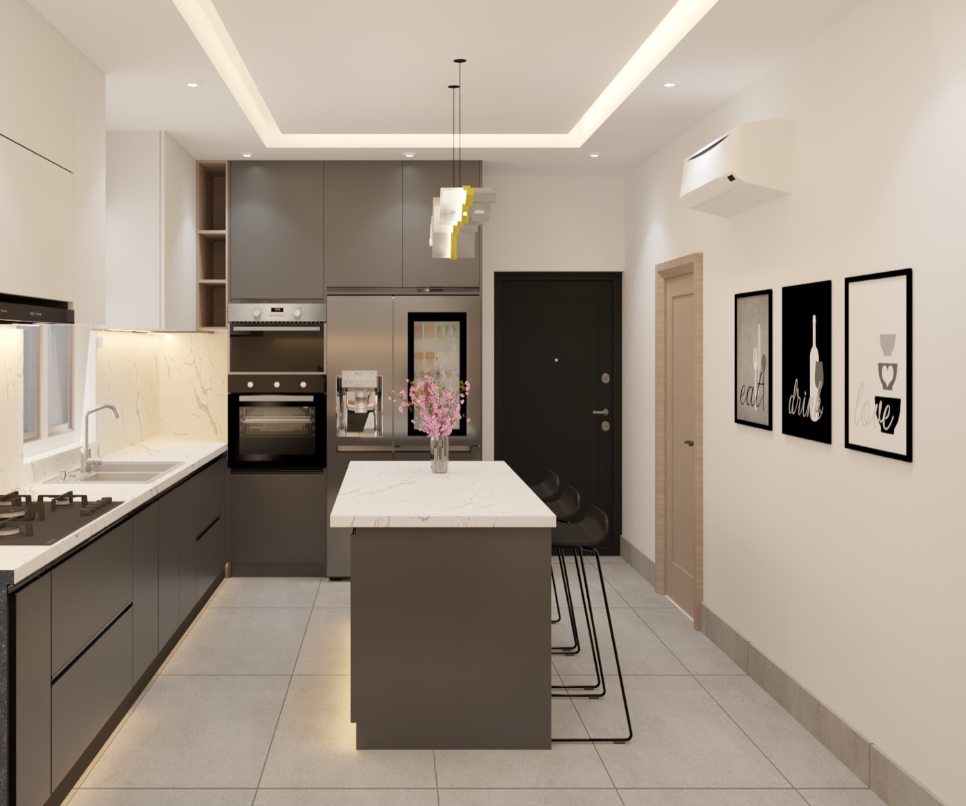 Graphite kitchen with a pale island and bar stools, framed prints ranged along the wall