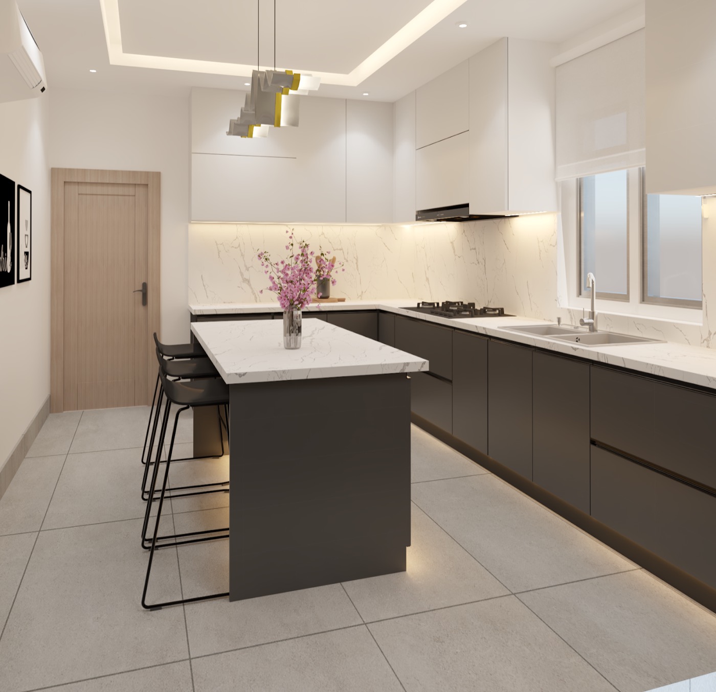 Island and cooktop run seen from the doorway, extractor above