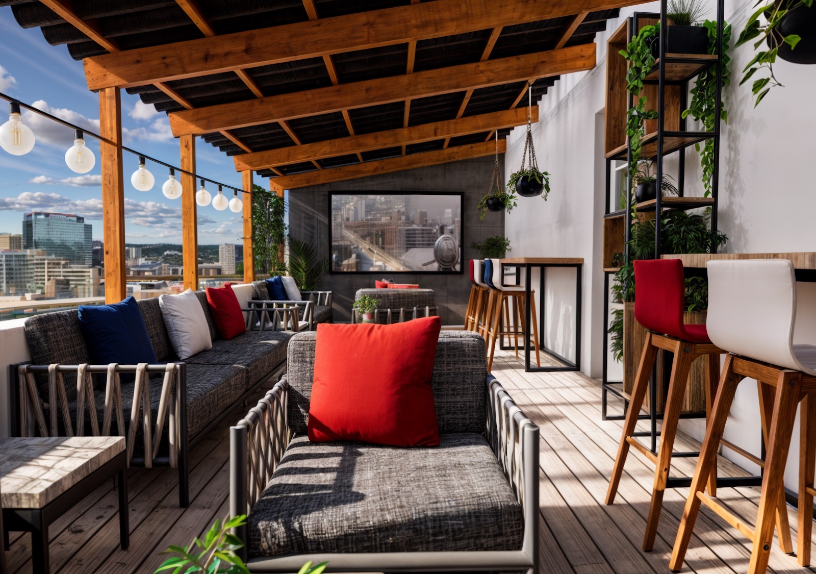 Rooftop terrace under a timber pergola with festoon lights, lounge seating and city views