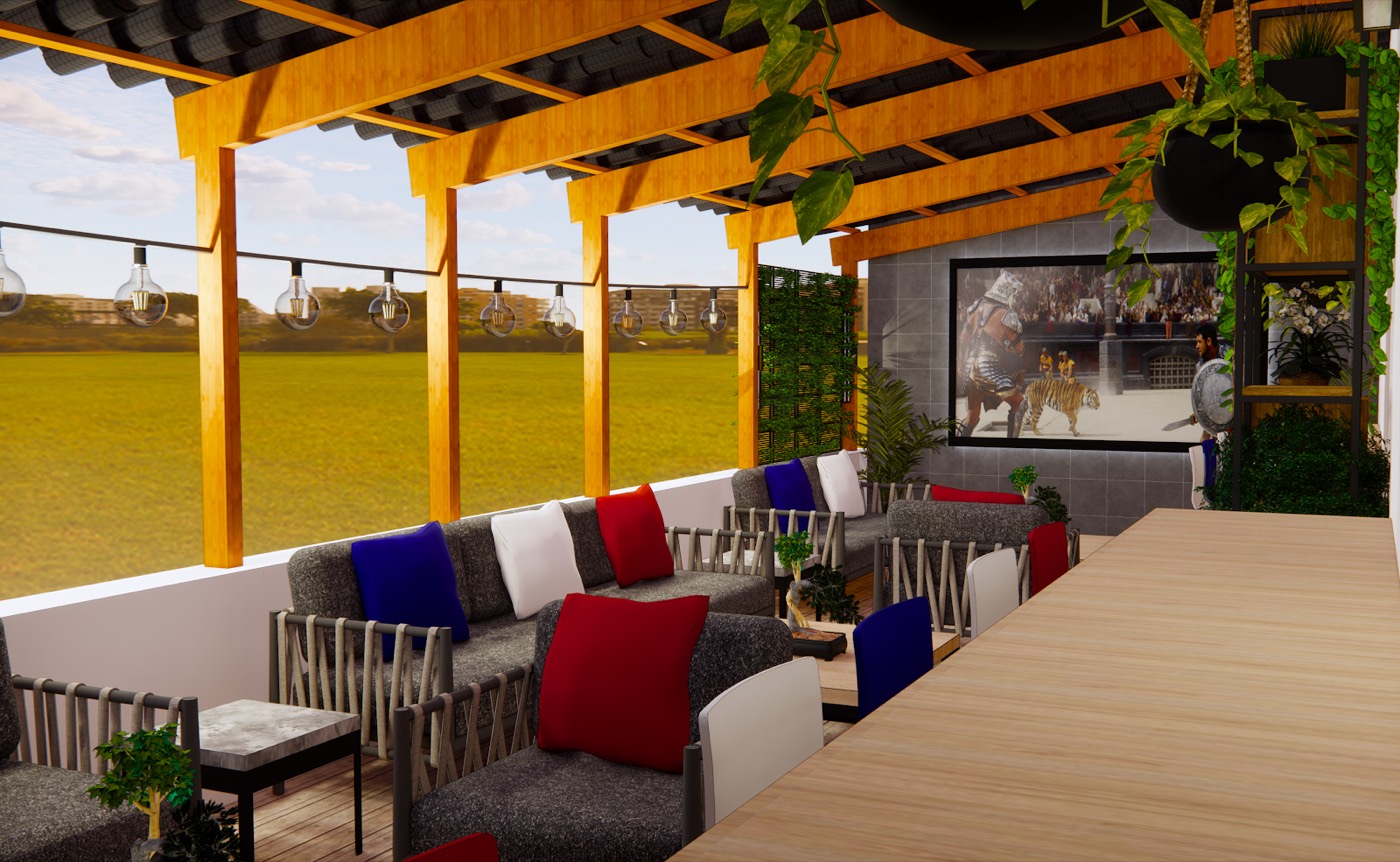 Long view down the terrace, pergola beams overhead and turf underfoot