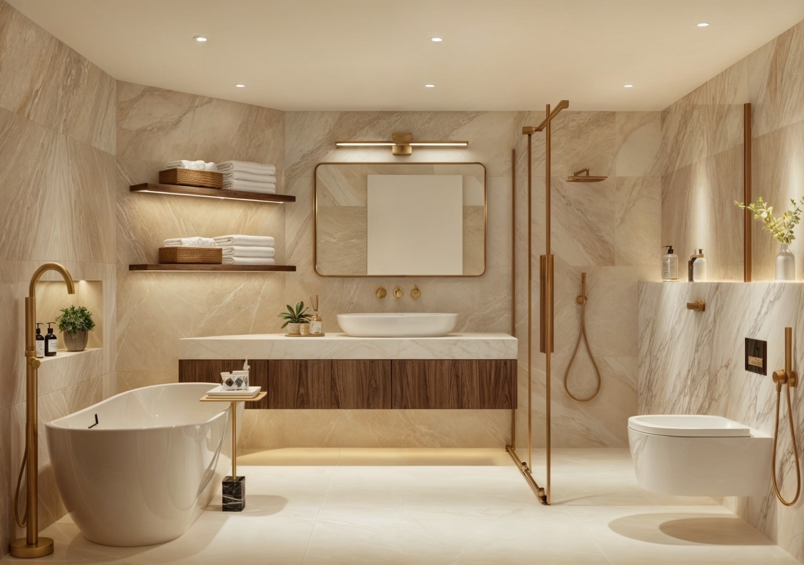 Stone-clad bathroom with a freestanding tub, twin vanity and brass fittings