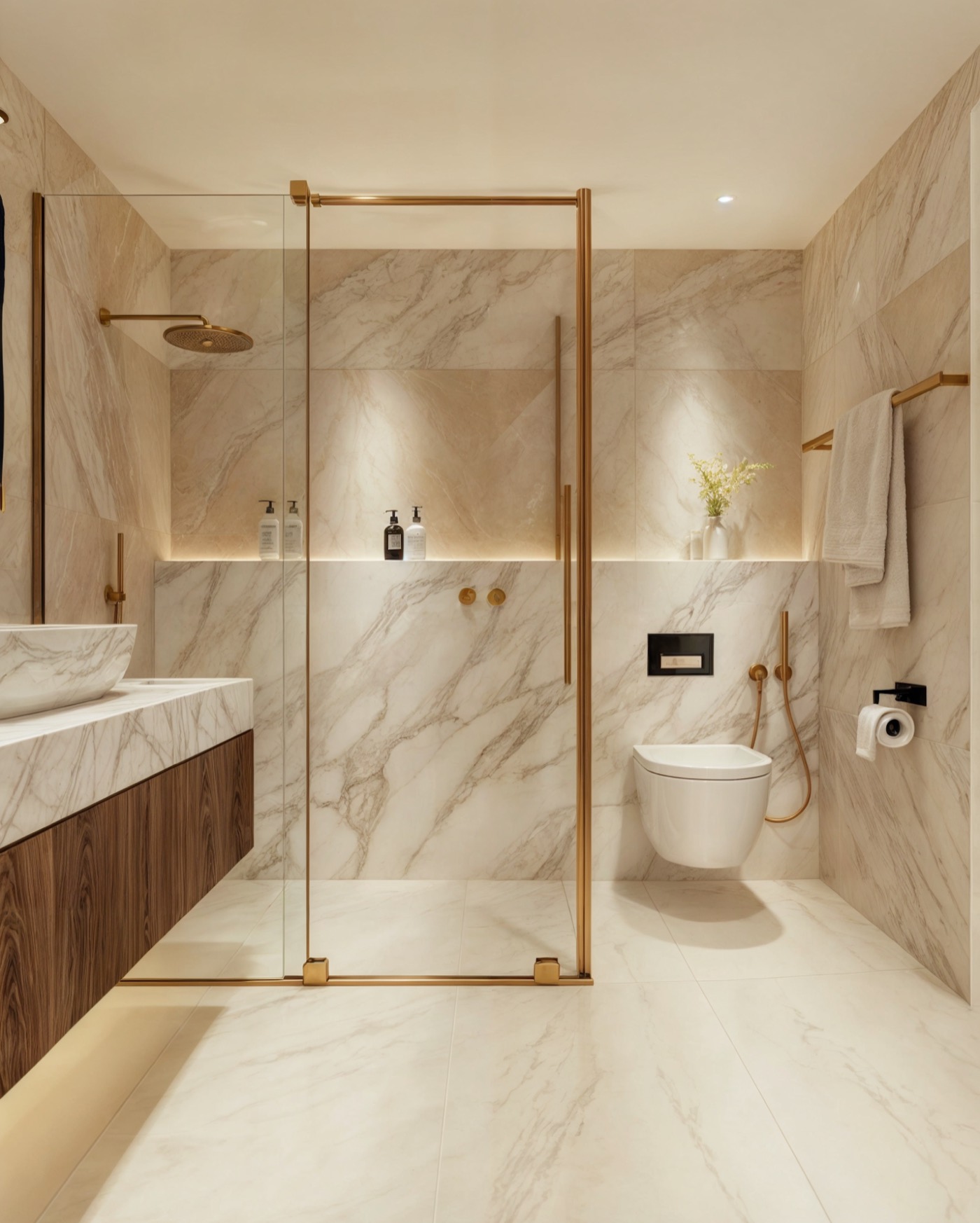 Walk-in shower in book-matched stone beside a wall-hung WC