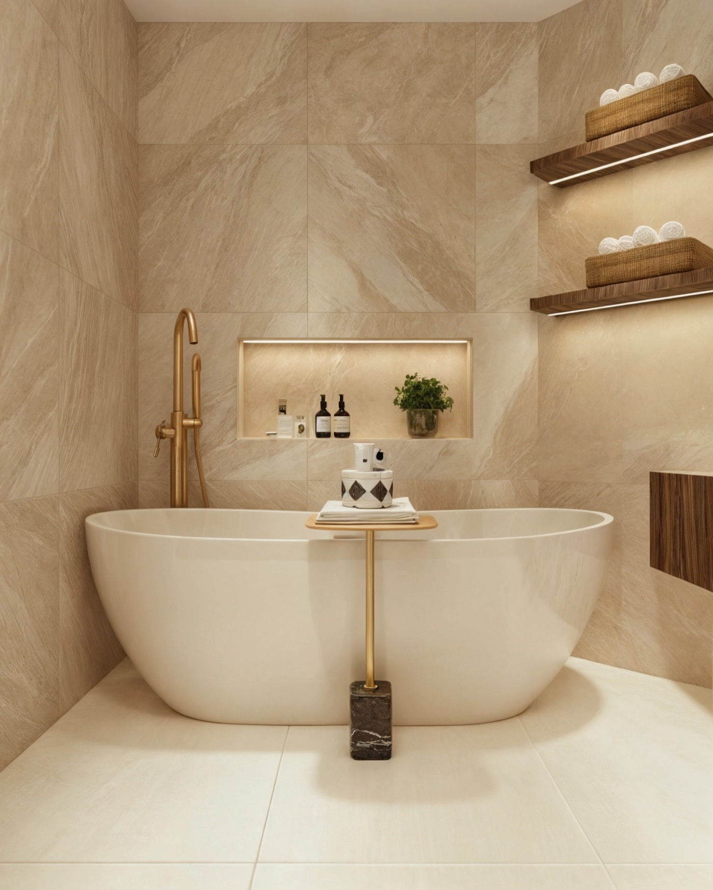 Freestanding tub below open timber shelving, brass mixer alongside