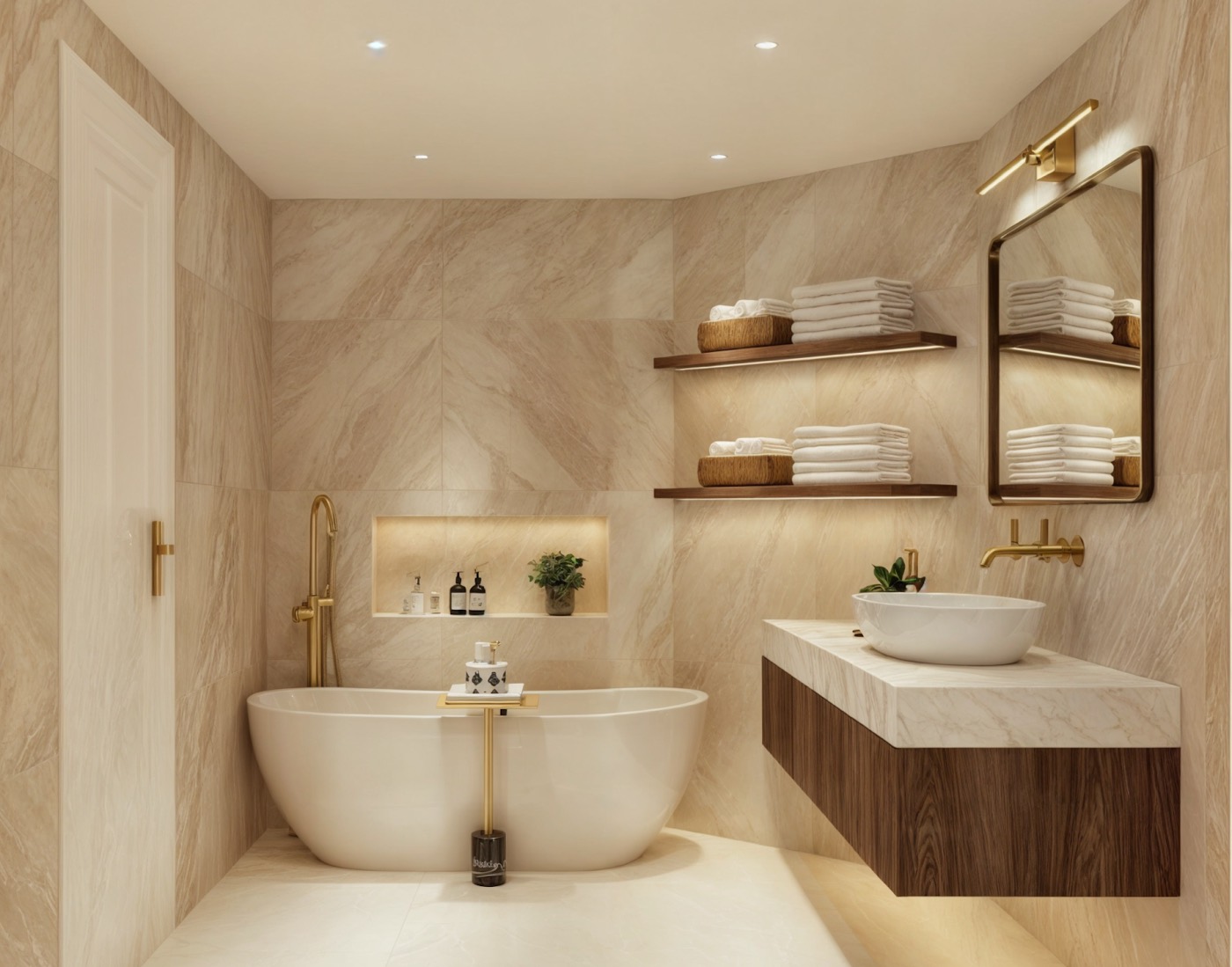 Twin stone vanity on a timber cabinet, mirrors above and the tub beyond