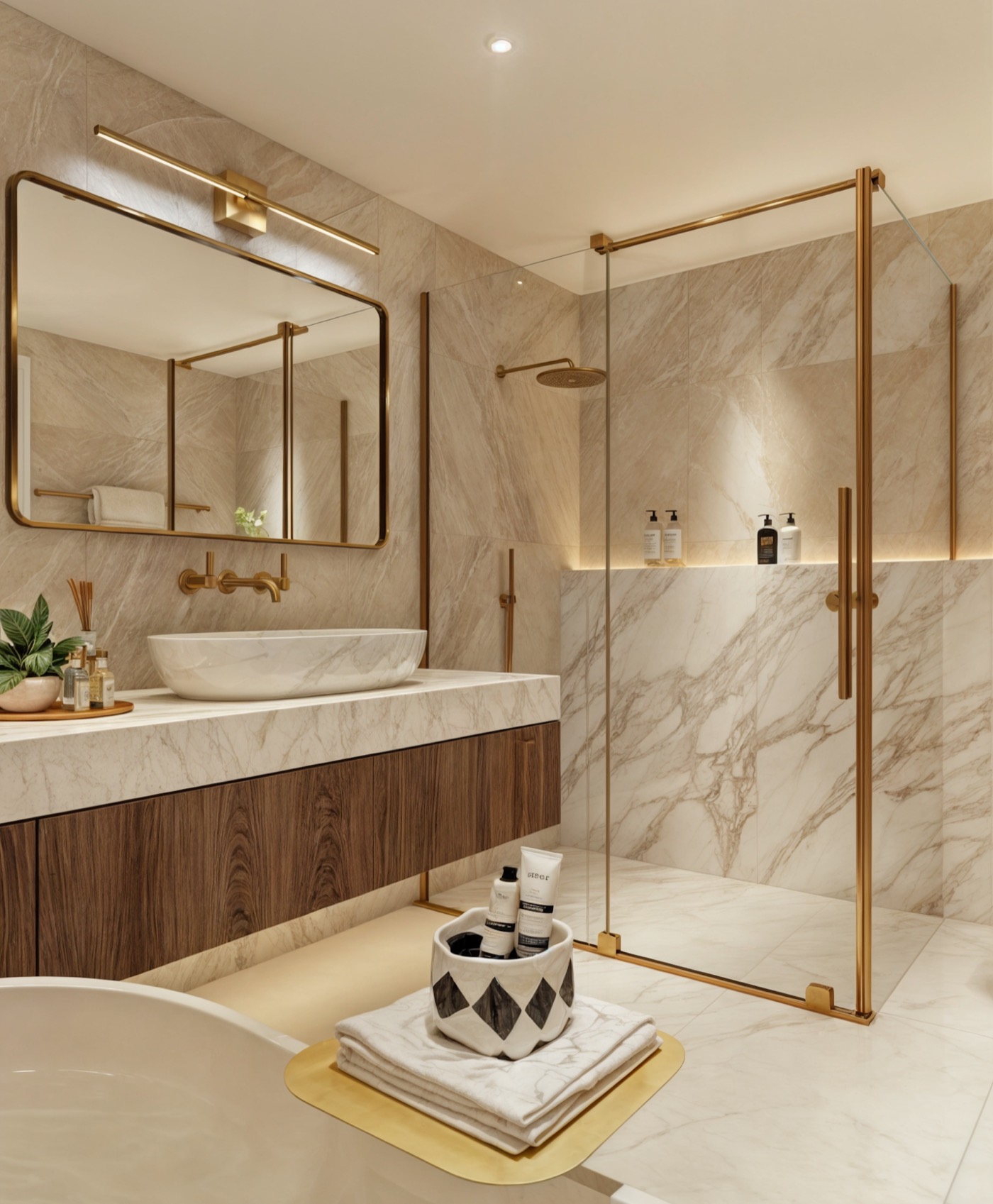 Vanity and brass-framed shower screen, patterned stone underfoot